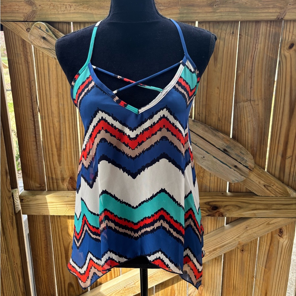 Wet Seal Colorful Sheer Chevron Design Top Asymmetrical Hem Size M